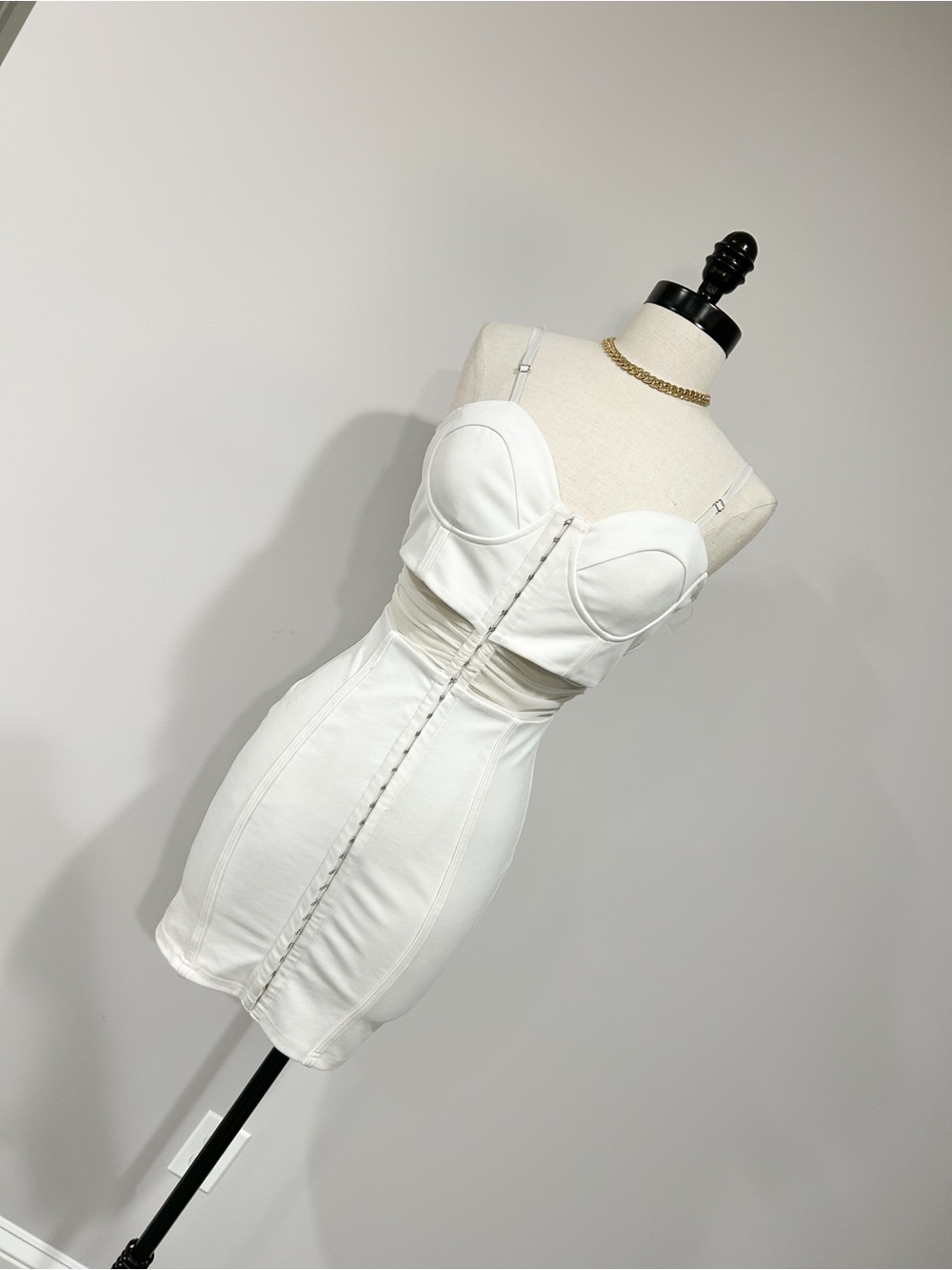 Structured White Bustier Mini Dress with Front Hook Detail